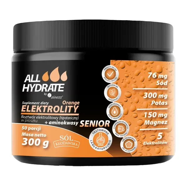 ALLHydrate Elektrolity Senior + aminokwasy Orange proszek 300g [Aliness] - Aliness Health'N'Beauty