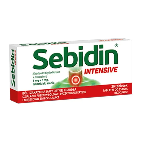 Benzokaina + Chlorheksydyna 5mg + 5mg 20 tabletek [Sebidin] - Sebidin