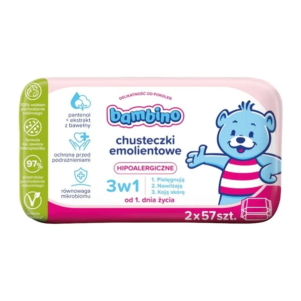 Chusteczki emolientowe 3w1 hipoalergiczne 2x57 szt. [Bambino] - Bambino