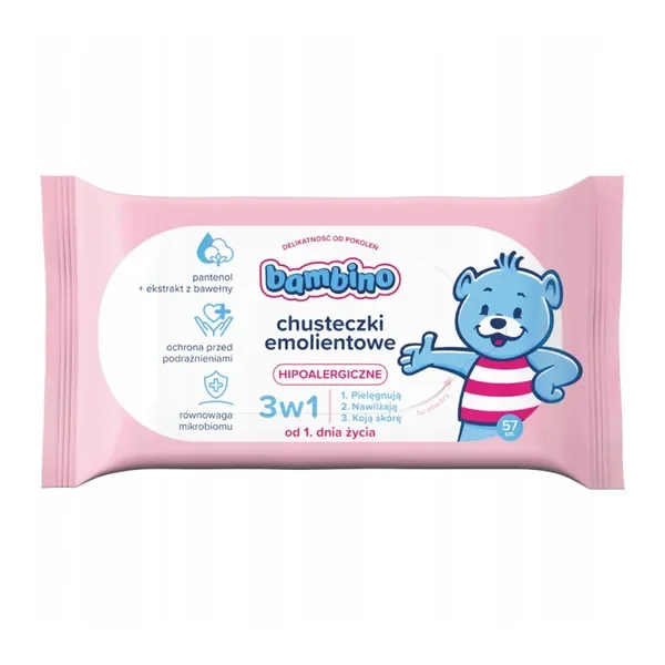 Chusteczki emolientowe hipoalergiczne 3w1 57szt [Bambino] - Bambino