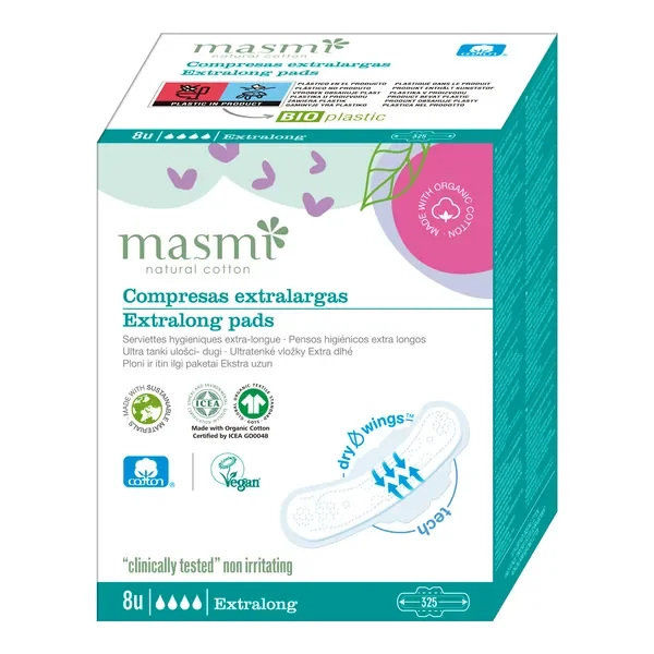 Ekstradługie podpaski o zwiększonej chłonności 100% bawełny organicznej 8 szt. [Masmi Natural] - Masmi Natural