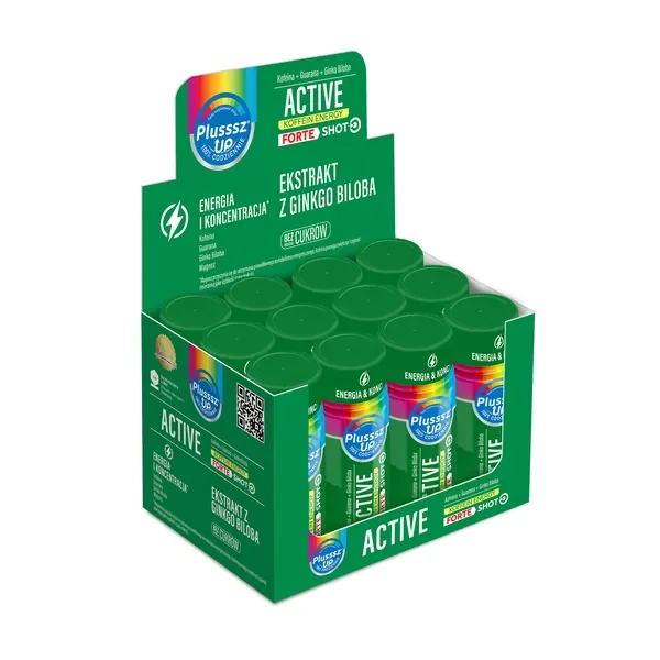 Kofeina 120mg + Magnez 187,5mg + Ekstrakt guarany + Miłorząb japoński Shot 50ml x 12szt [Plusssz] - Plusssz