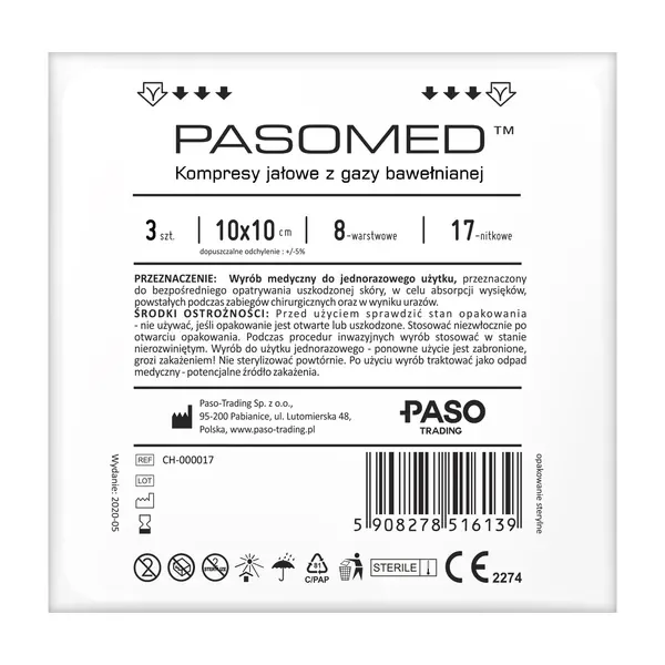 Kompresy gazowe jałowe 17-nitkowe 8-warstwowe 10x10cm 3szt [Pasomed] - Pasomed