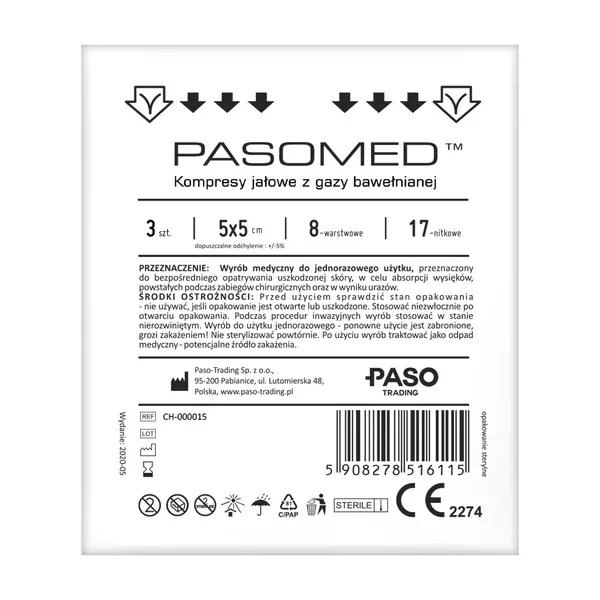 Kompresy gazowe jałowe 17-nitkowe 8-warstwowe 5x5cm 3szt [Pasomed] - Pasomed