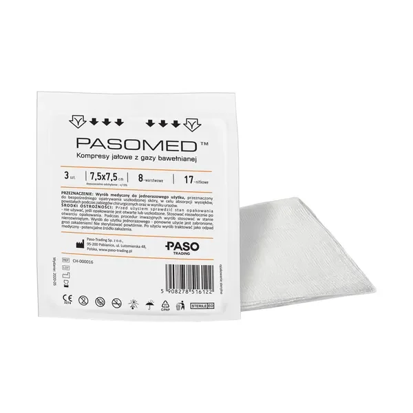 Kompresy gazowe jałowe 17-nitkowe 8-warstwowe 7,5x7,5cm 3szt [Pasomed] - Pasomed