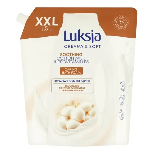 Luksja Creamy & Soft kremowy płyn do kąpieli z mleczkiem bawełnianym i prowitaminą B5 1,5l - Luksja