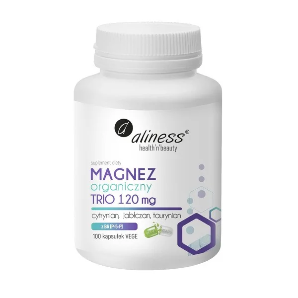 Magnez organiczny Trio 120 mg z B6 (P-5-P) 100 kapsułek [Aliness] - Aliness Health'N'Beauty