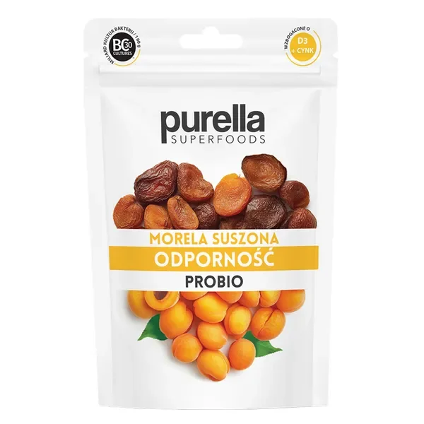 Morela suszona z probiotykiem Bacillus coagulans, witaminą D3 i cynkiem 100g [Purella] - Purella