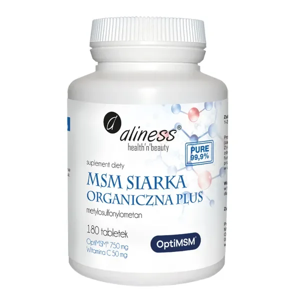 MSM Siarka Organiczna Plus 750mg + Witamina C 50mg 180 tabletek [Aliness] - Aliness Health'N'Beauty