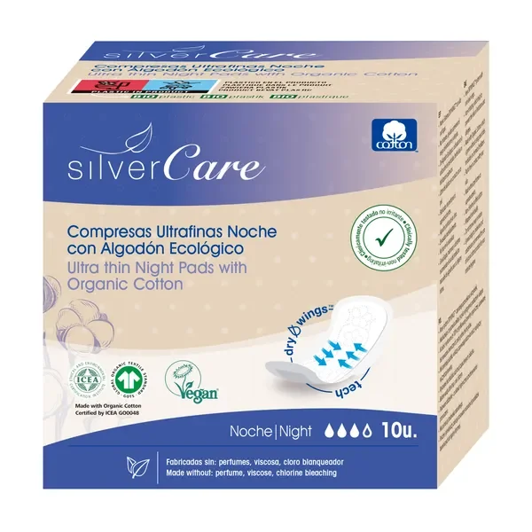 Silver Care ultracienkie bawełniane podpaski ze skrzydełkami na noc 10 szt. - Silver Care