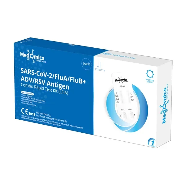 Test antygenowy COVID-19 SARS-CoV-2/FluA/FluB+ADV/RSV (LFIA) 1 szt [MedOmics] - MedOmics