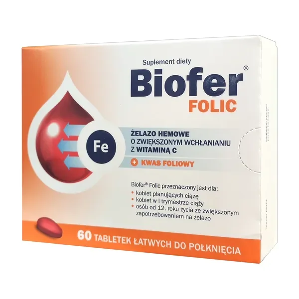 Żelazo 13,5mg + Kwas foliowy 200µg + Witamina C 40mg 60 tabletek [Biofer] - Biofer